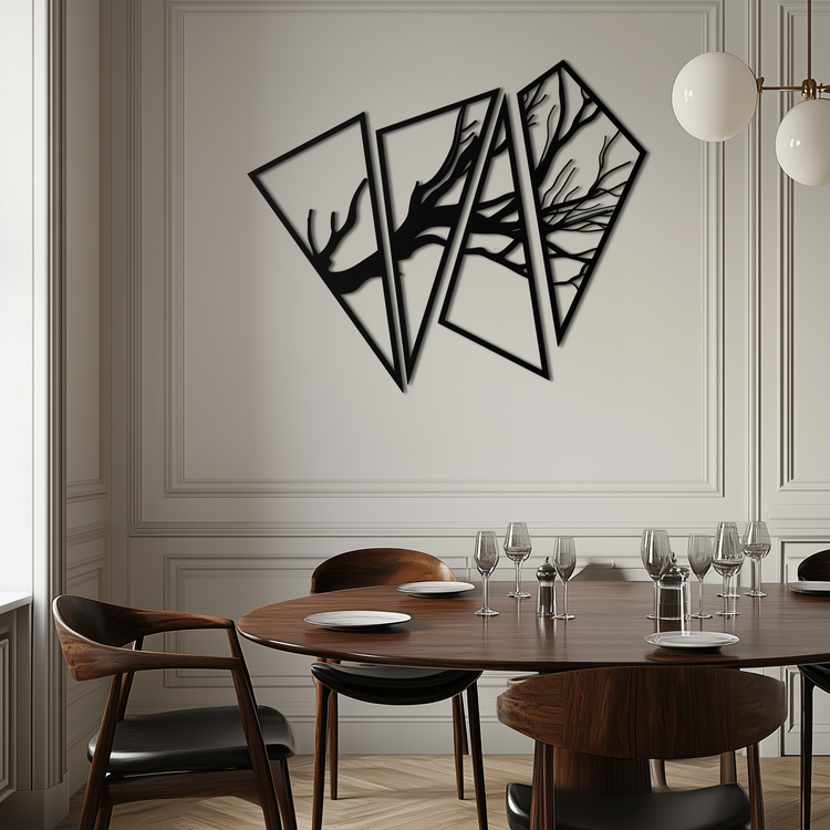Modern steel wall art featuring an abstract tree branch design by Enova Art, suitable for contemporary home decor.