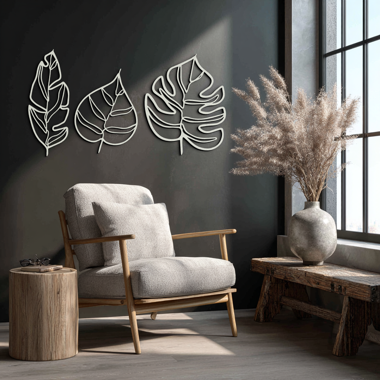 Modern metal wall art featuring geometric leaf designs by Enova Art, perfect for botanical-inspired interior decor.