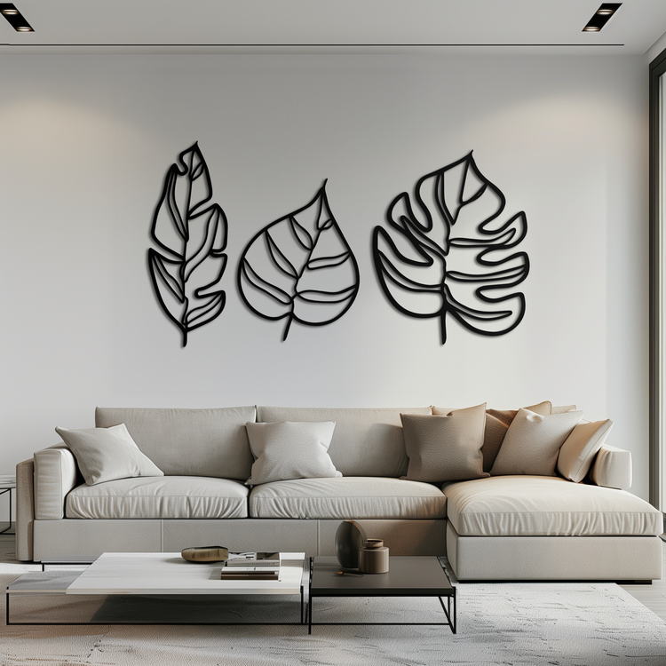 Modern geometric leaf trio metal wall art by Enova Art, featuring sleek botanical design for contemporary home decor.