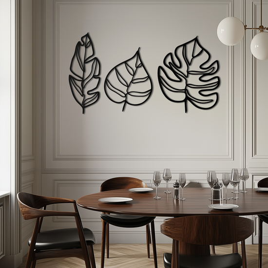 Modern geometric leaf trio metal wall art by Enova Art featuring sleek botanical design for contemporary home decor.