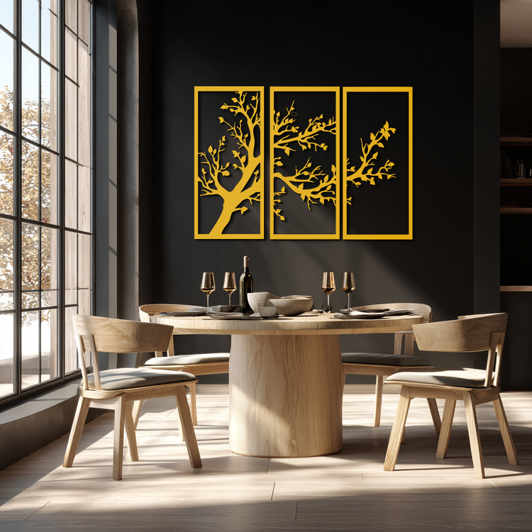 Modern steel wall art by Enova Art featuring a three-piece metal branch trio design for contemporary decor.