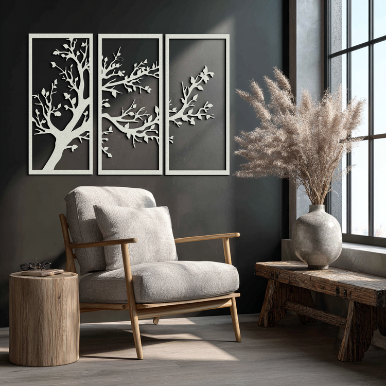 Modern steel wall art by Enova Art featuring a branch trio design in sleek metal for stylish home decor.