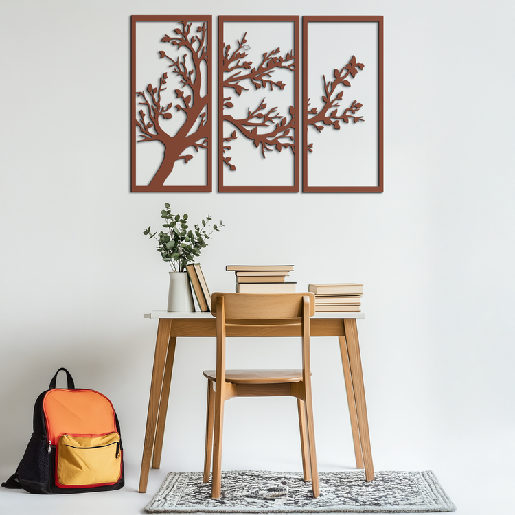Modern steel wall art by Enova Art, three-piece branch trio metal decor for contemporary home wall decoration.