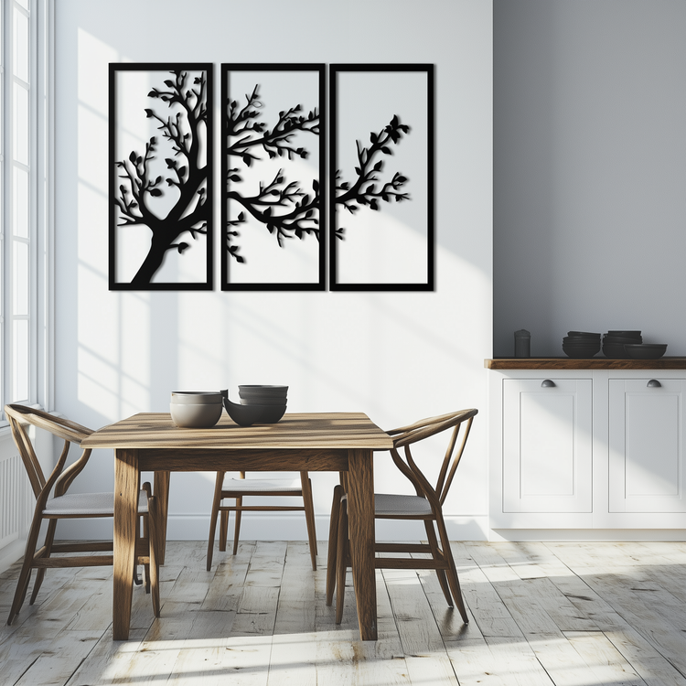 Modern steel wall art set with three interconnected branches in sleek metal design by Enova Art.