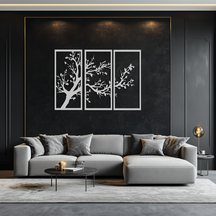 Modern steel wall art by Enova Art featuring a three-piece branch trio design for contemporary home decor.