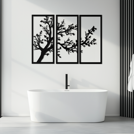 Modern steel wall art by Enova Art featuring a three-piece branch trio design in sleek metal for contemporary home decor.