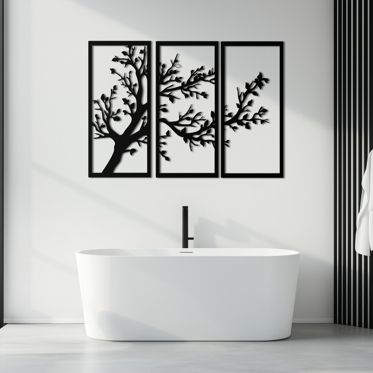 Modern steel wall art by Enova Art featuring a three-piece branch trio design in sleek metal for contemporary home decor.