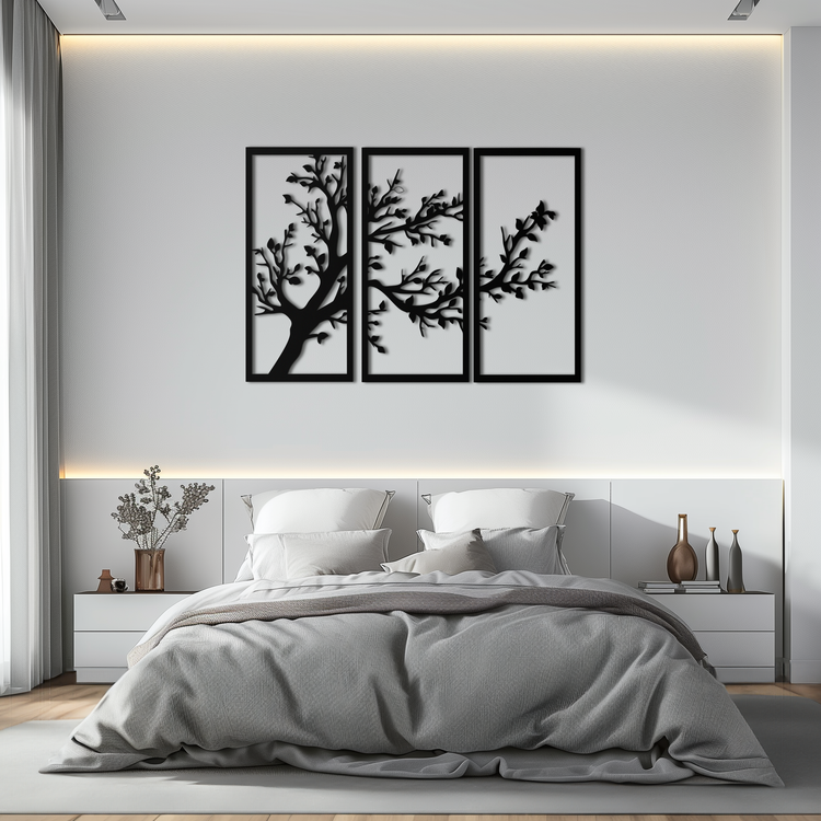 Modern steel wall art by Enova Art featuring a three-piece branch trio design for contemporary home decor.