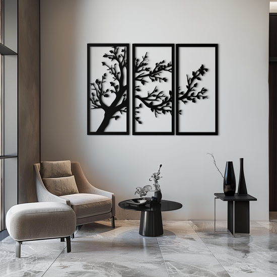 Modern steel wall art by Enova Art featuring a branch trio design, three-piece metal decor for contemporary interior accents.