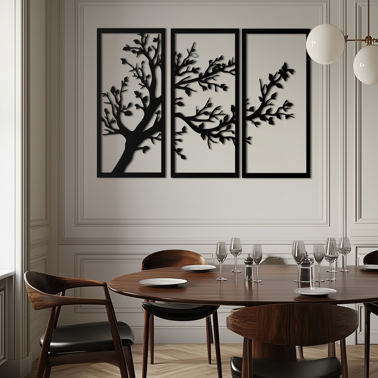 Modern steel wall art by Enova Art, a three-piece metal wall decor set featuring sleek, contemporary branch design for stylish home decor.
