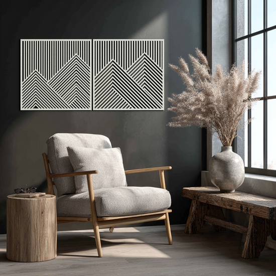 Modern mountain landscape metal wall art by Enova Art featuring geometric steel design suitable for contemporary decor.