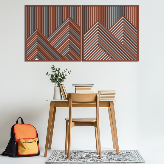 Modern mountain landscape metal wall art by Enova Art featuring geometric steel design for contemporary home decor.