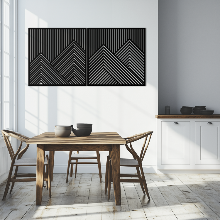 Modern mountain landscape metal wall art by Enova Art featuring geometric steel design for contemporary wall decor.