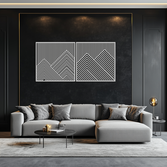 Modern mountain landscape metal wall art by Enova Art featuring geometric steel design for contemporary home decor.