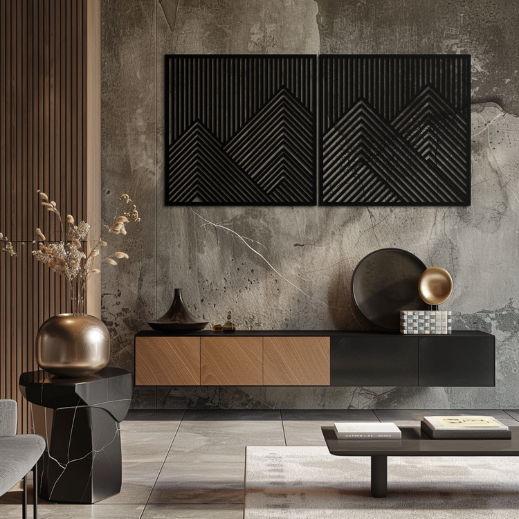 Modern mountain landscape metal wall art by Enova Art featuring geometric steel mountain design for contemporary home decor.