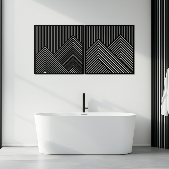 Modern mountain landscape metal wall art by Enova Art featuring geometric steel design for contemporary wall decor.