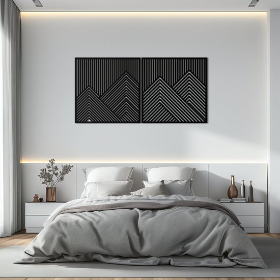 Modern mountain landscape metal wall art by Enova Art featuring geometric steel design for contemporary home decor.