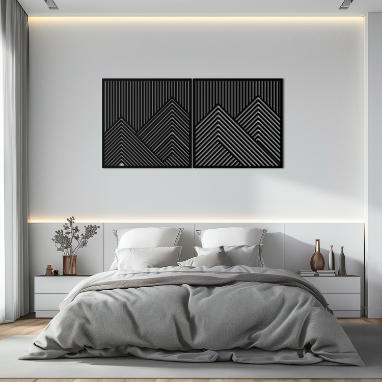 Modern mountain landscape metal wall art by Enova Art featuring geometric steel design for contemporary home decor.