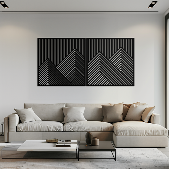 Modern mountain landscape metal wall art by Enova Art featuring geometric steel design for contemporary wall decor.