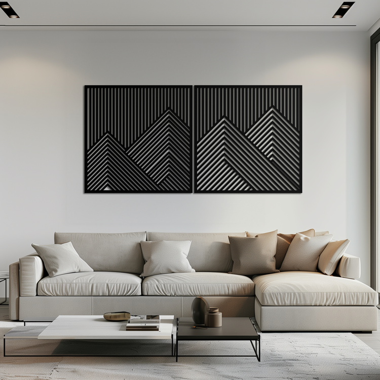 Modern mountain landscape metal wall art by Enova Art featuring geometric steel design for contemporary wall decor.