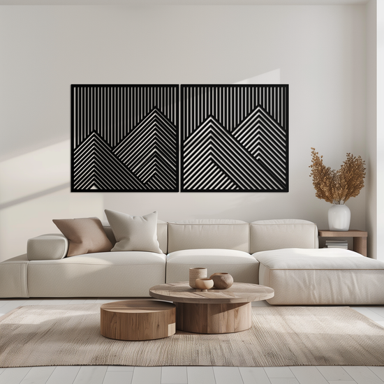 Modern mountain landscape metal wall art by Enova Art featuring geometric steel design for contemporary home decor.