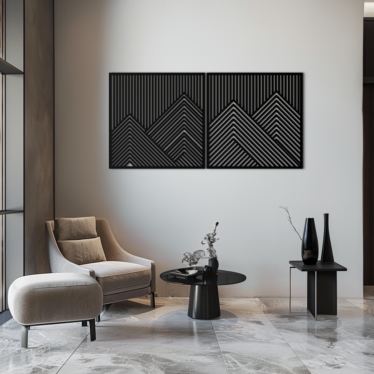 Modern mountain landscape metal wall art by Enova Art featuring geometric steel design, suitable for contemporary home decor.