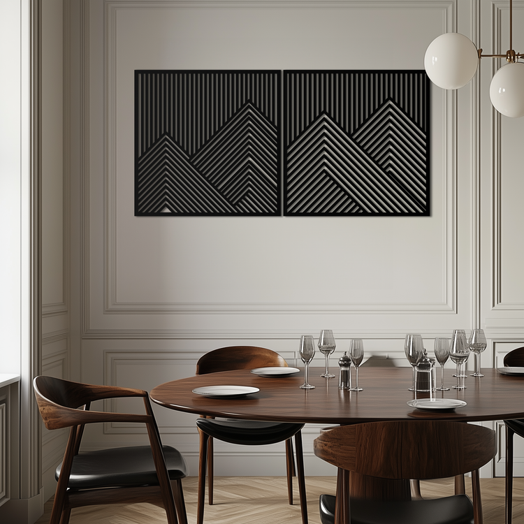 Modern mountain landscape metal wall art by Enova Art featuring geometric steel design for contemporary home decor.