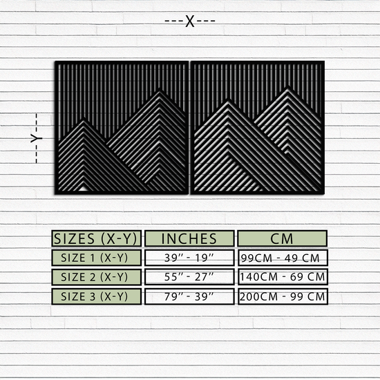 Modern mountain landscape metal wall art by Enova Art featuring geometric steel design for contemporary home decor.
