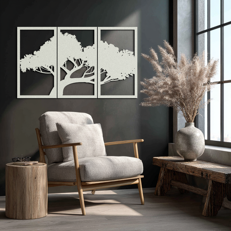 Modern metal wall art featuring a tree silhouette, nature-inspired design by Enova Art for stylish home decor.