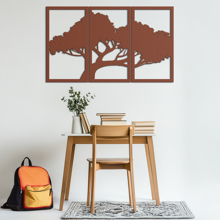 Modern metal wall art featuring a tree silhouette, nature-inspired design by Enova Art for stylish home decor.