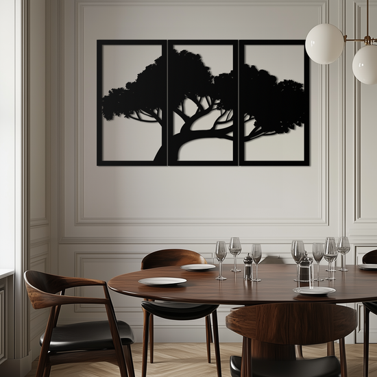 Modern metal wall art featuring a tree silhouette in a nature-inspired design by Enova Art for contemporary home decor.