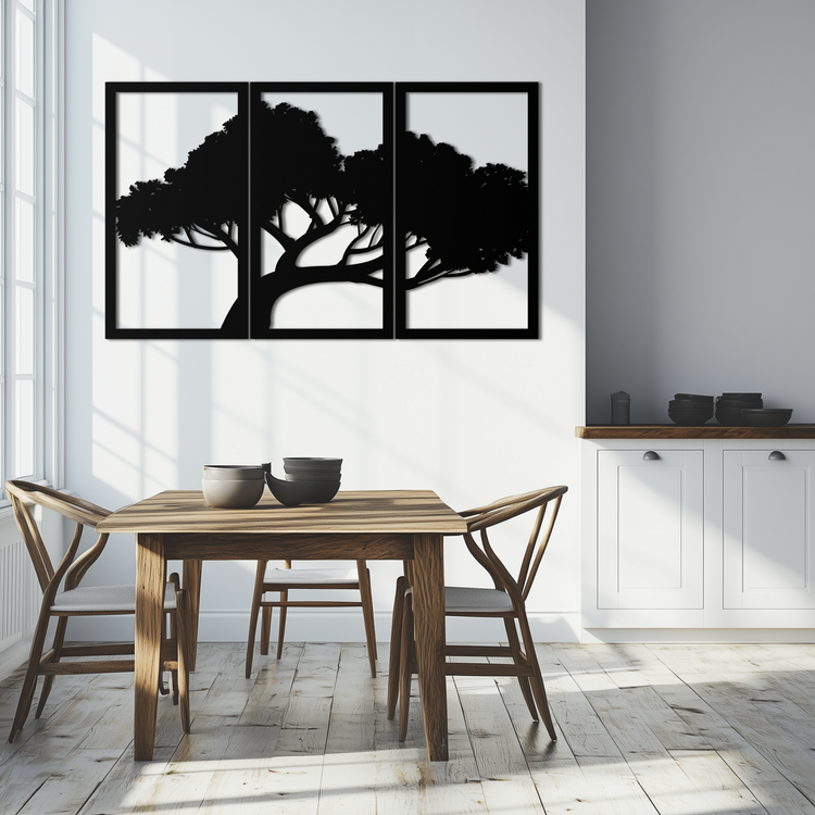 Modern metal wall art featuring a tree silhouette, nature-inspired decor by Enova Art for contemporary interior design.