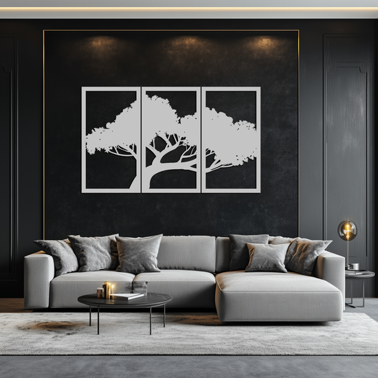 Modern metal wall art featuring a tree silhouette, nature-inspired design by Enova Art for contemporary home decor.