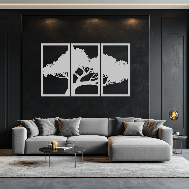 Modern metal wall art featuring a tree silhouette, nature-inspired design by Enova Art for contemporary home decor.