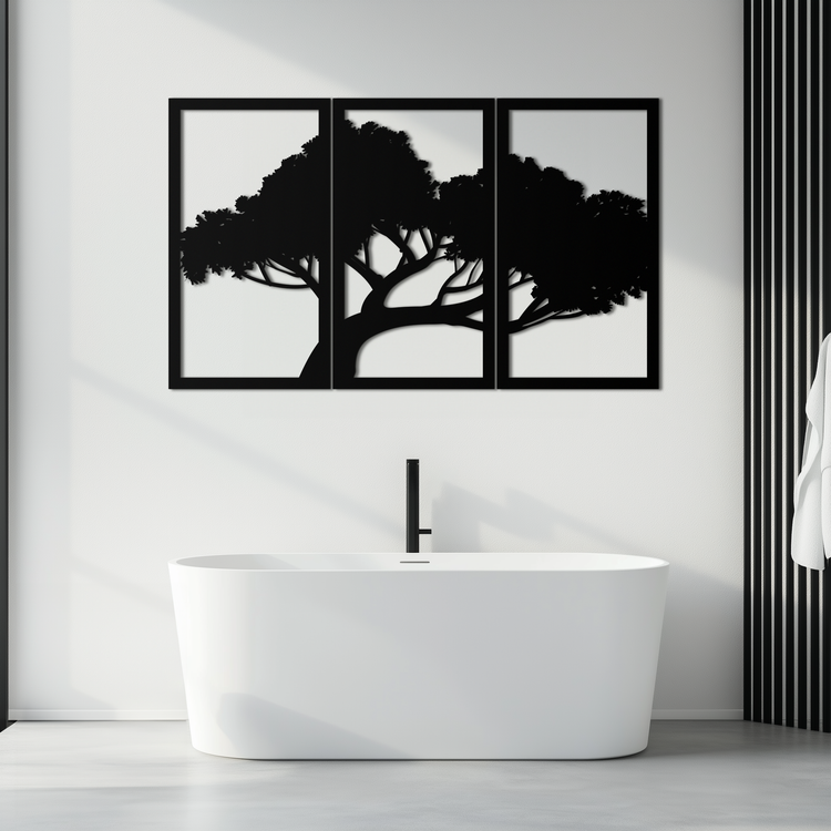 Modern metal wall art featuring a tree silhouette by Enova Art, perfect for nature-inspired home decor, shown on a neutral wall.