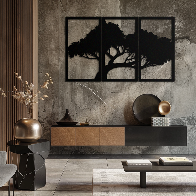 Modern metal wall art featuring a tree silhouette, nature-inspired design by Enova Art, perfect for contemporary home decor.