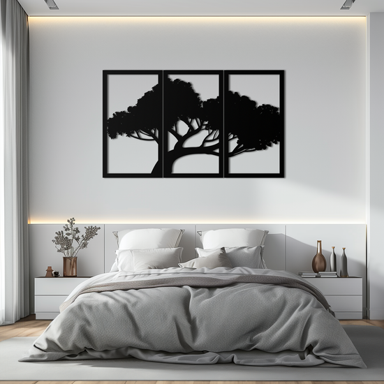 Modern metal wall art featuring a tree silhouette, designed by Enova Art for nature-inspired home decor.
