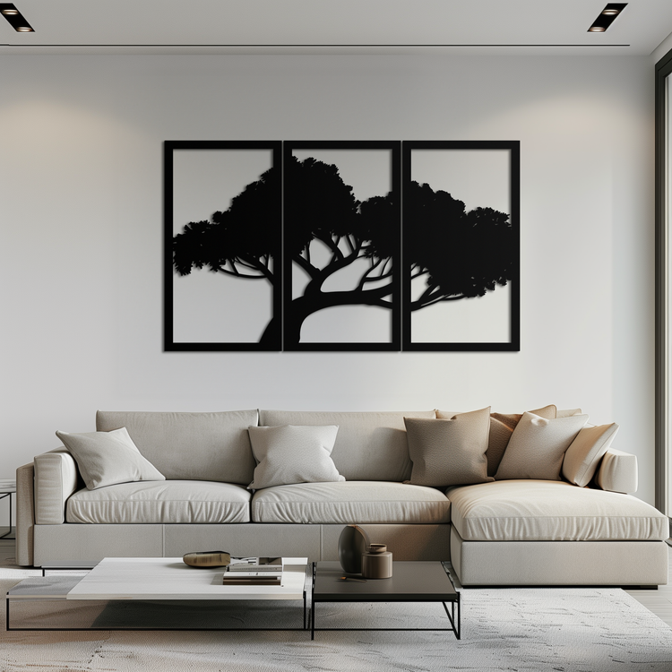 Modern tree silhouette metal wall art by Enova Art, nature-inspired metal wall decor featuring a sleek, contemporary tree design.
