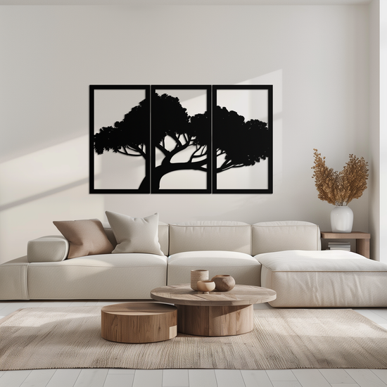 Modern tree silhouette metal wall art by Enova Art, nature-inspired decor with sleek, black metal design for contemporary wall decoration.