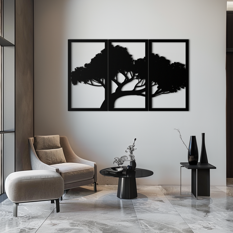 Modern tree silhouette metal wall art by Enova Art, nature-inspired metal decor for contemporary interior design.