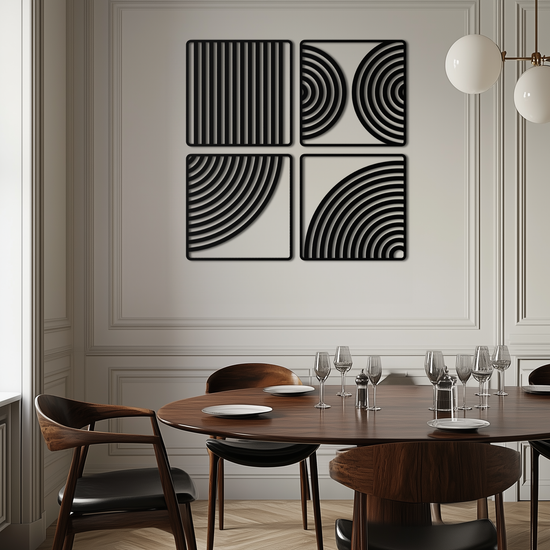 Modern geometric 4-panel metal wall art by Enova Art featuring minimalist steel design for contemporary decor.
