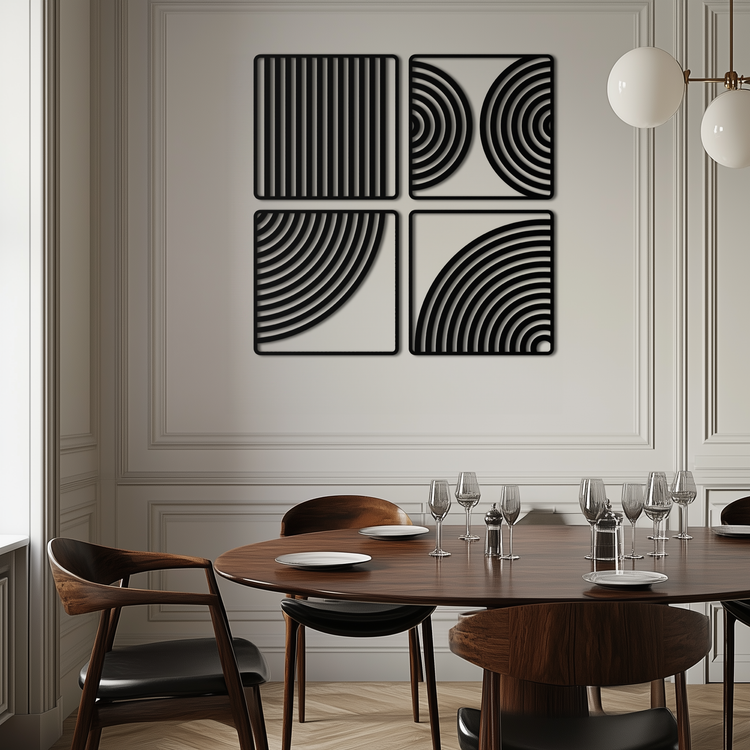 Modern geometric 4-panel metal wall art by Enova Art featuring minimalist steel design for contemporary decor.