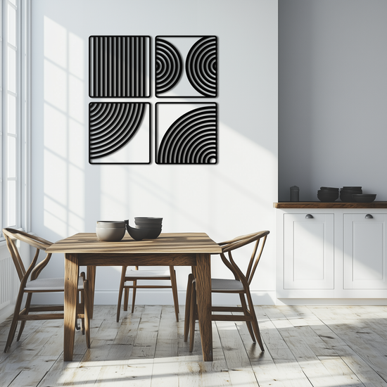 Modern Geometric 4-panel metal wall art by Enova Art, featuring minimalist steel design for contemporary home decor.