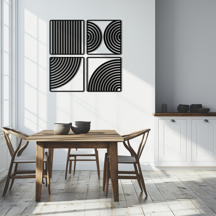 Modern Geometric 4-panel metal wall art by Enova Art, featuring minimalist steel design for contemporary home decor.