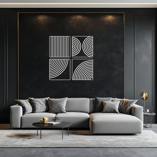 Modern geometric 4-panel metal wall art by Enova Art featuring minimalist steel design for contemporary home decor.