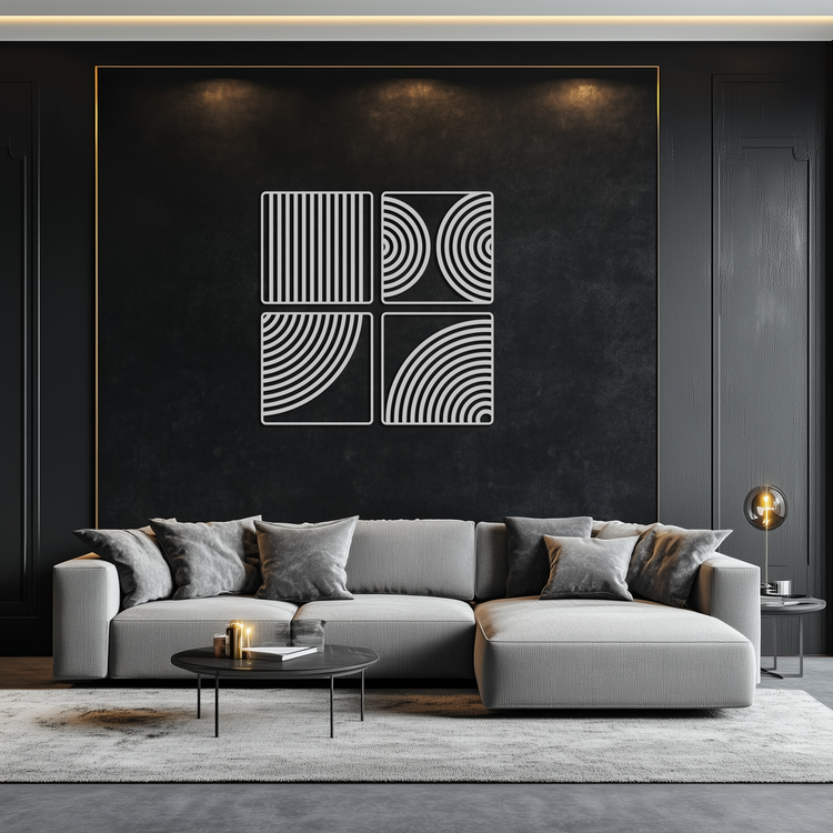Modern geometric 4-panel metal wall art by Enova Art featuring minimalist steel design for contemporary home decor.