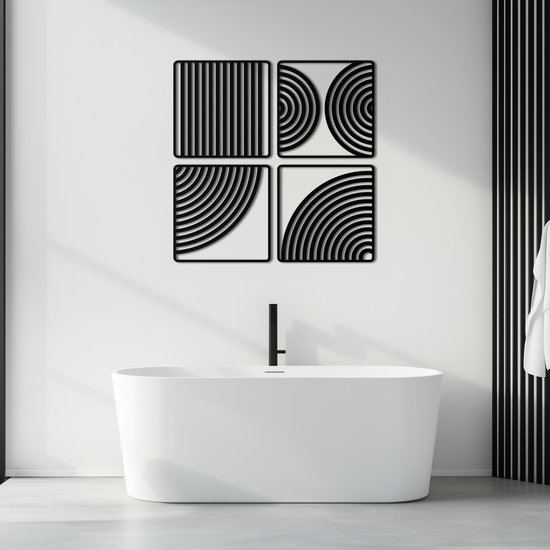 Modern geometric 4-panel metal wall art by Enova Art, minimalist steel decor with sleek, abstract design for contemporary interiors.