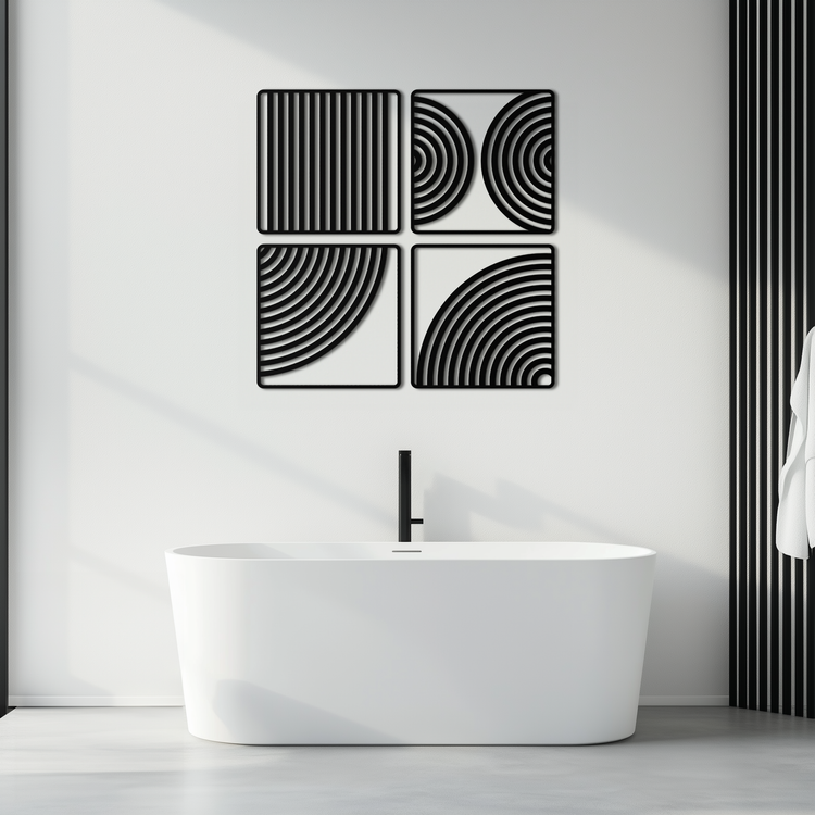 Modern geometric 4-panel metal wall art by Enova Art, minimalist steel decor with sleek, abstract design for contemporary interiors.