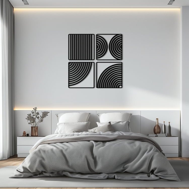 Modern geometric 4-panel steel wall art by Enova Art featuring minimalist geometric shapes for contemporary home decor.