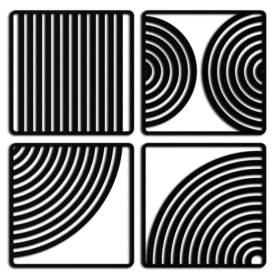 Modern geometric 4-panel metal wall art by Enova Art featuring minimalist steel design for contemporary home decor.